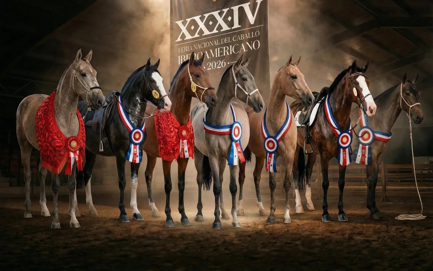 Los caballos campeones de Ganadería AB con sus bandas en la Feria Nacional XXXIV · Pedregal 2026